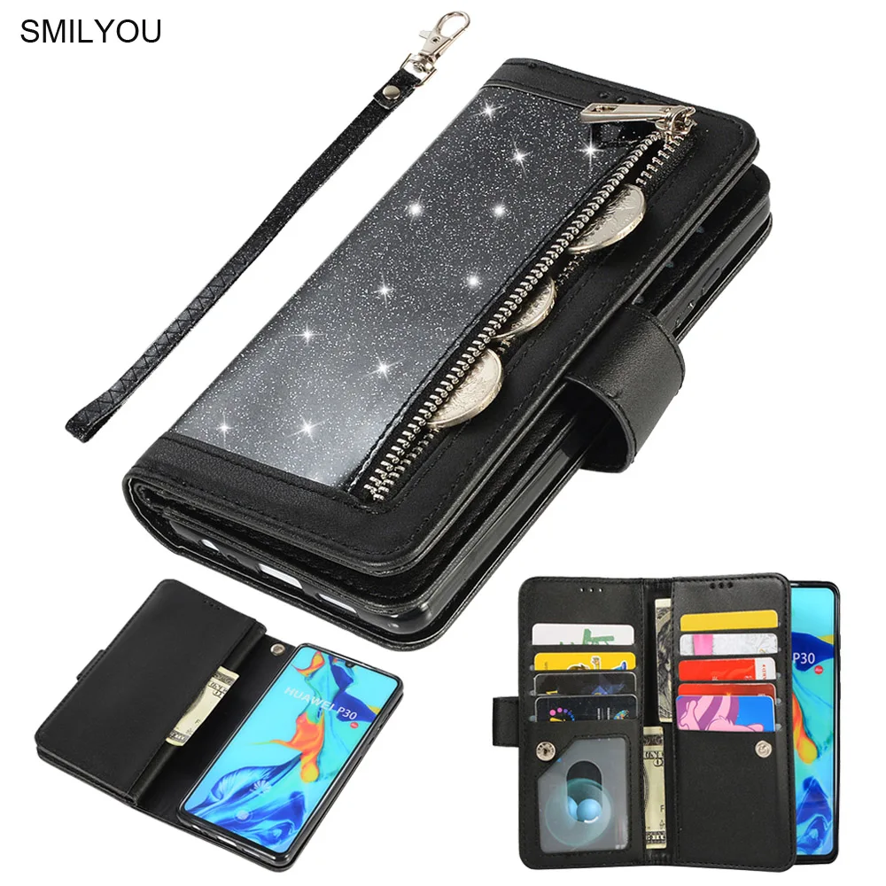 

SMILYOU Leather Wallet Case For Huawei P30 Pro P20 Lite Mate 20 Pro 10 Lite Card Slot Glitter Back Cover Stand Phone Case