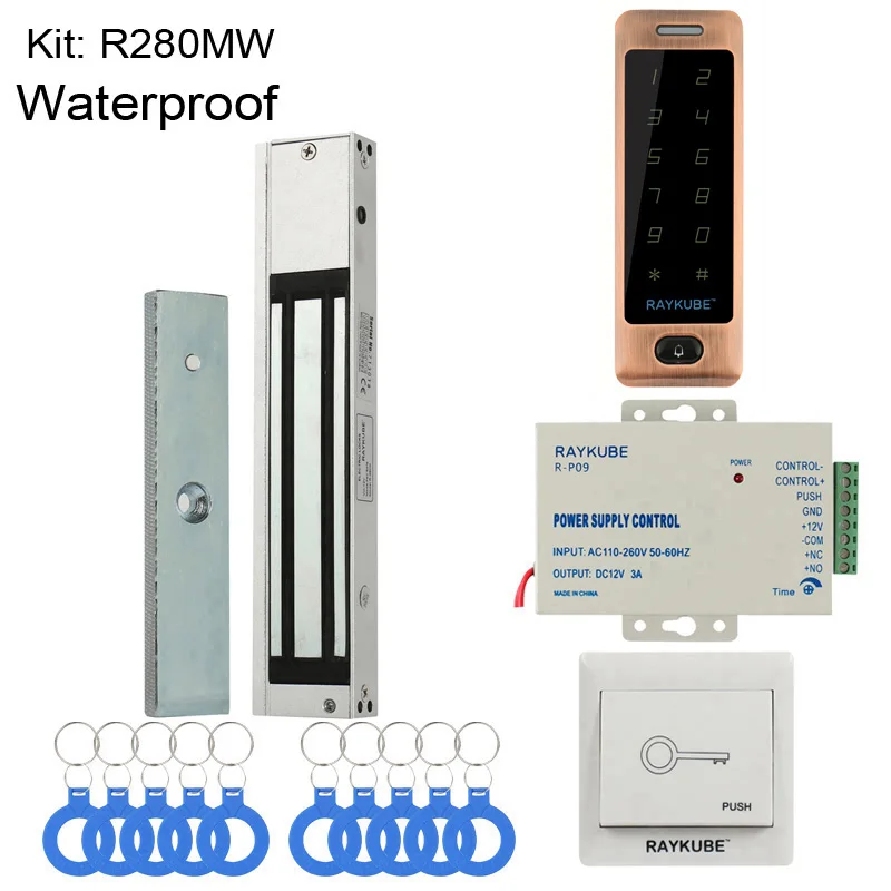 RAYKUBE DIY система контроля доступа набор с RFID сенсорной клавиатурой+ Электронные дверные замки+ кнопка выхода+ блок питания+ RFID ключи - Цвет: 280MW