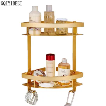 

GQIYIBBEI Space Aluminum Brass Gold Double Layer Bathroom Shelves Organizer Wall Mounted Triangle Basket Cosmetic Storage Rack