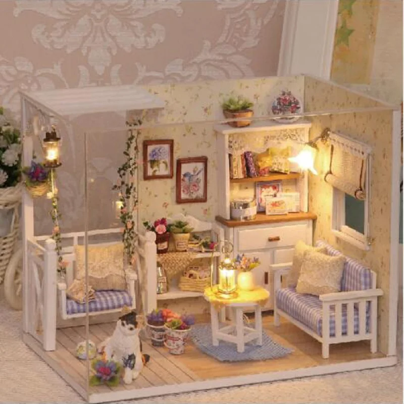 

Diy 3D Wooden Doll Garden House Led Light Toy 1/12 Assemble Handmade Children Furniture Miniatura Miniature Model Doll Jouet