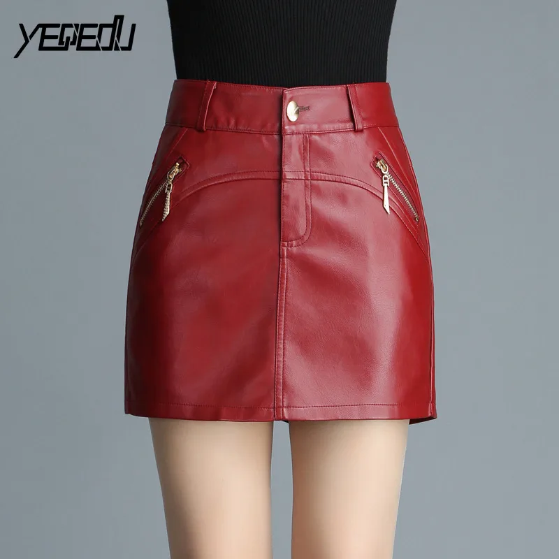 

#6028 Spring 2018 Red/Black Mini Skirt Women Sexy Faux leather Skirt Plus size L-5XL Slim Sexy Short PU Skirt Ladies Zipper