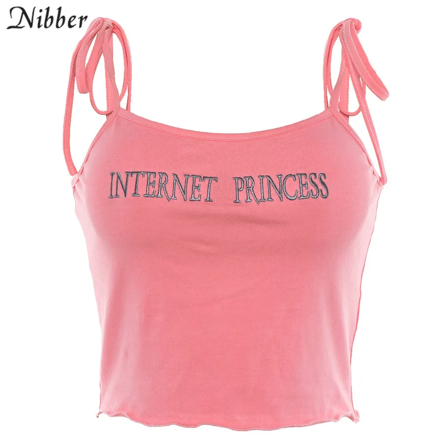 Nibber summer cute pink embroidery crop tops women camis street fashion wild tank tops girls Casual cotton tee shirts mujer - Color: Pink