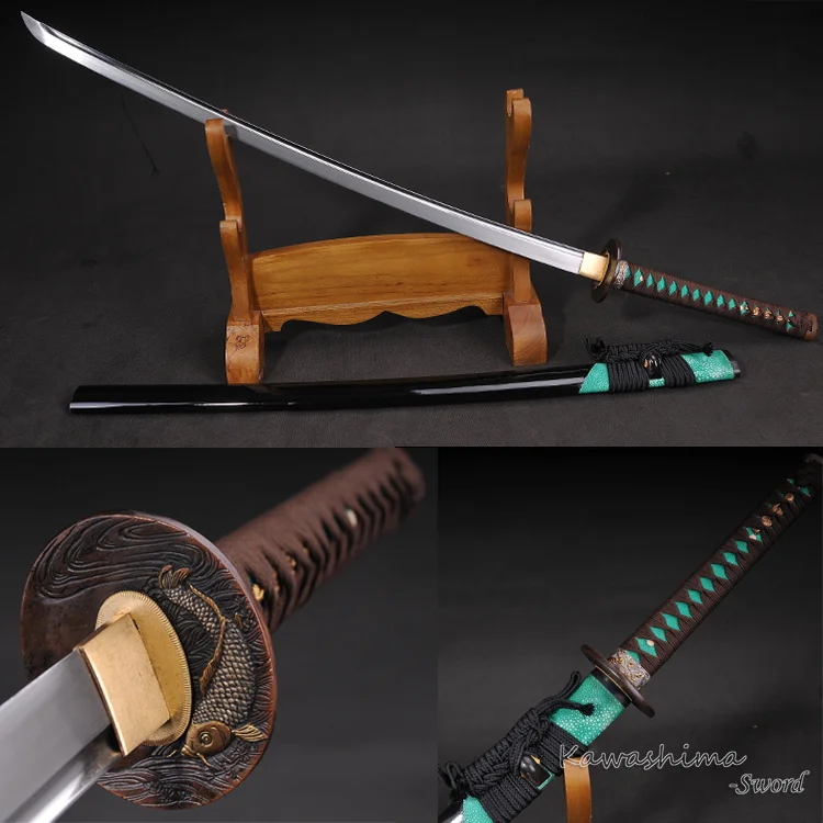 Handmade Katana Damascus Folded Steel Blade Triangle Groove