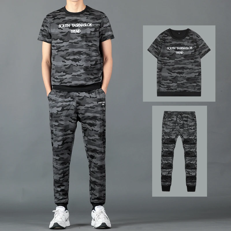 

Summer Mens Camo Sets T Shirts+pants Two Pieces Shorts Set Casual Camouflage Tracksuit New Male Tshirt Gyms Fitness Trousers Men
