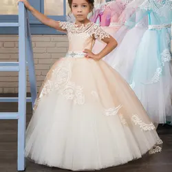 Половина рукава 2018 для девочек в цветочек платья для свадьбы бальное платье Тюль Кружево из бисера Детские Длинные платье для первого