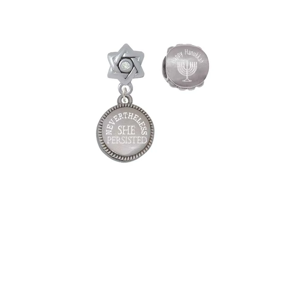 Stainless Steel Disc Nevertheless She Persisted Happy Hanukkah Charm Beads (Set of 2)