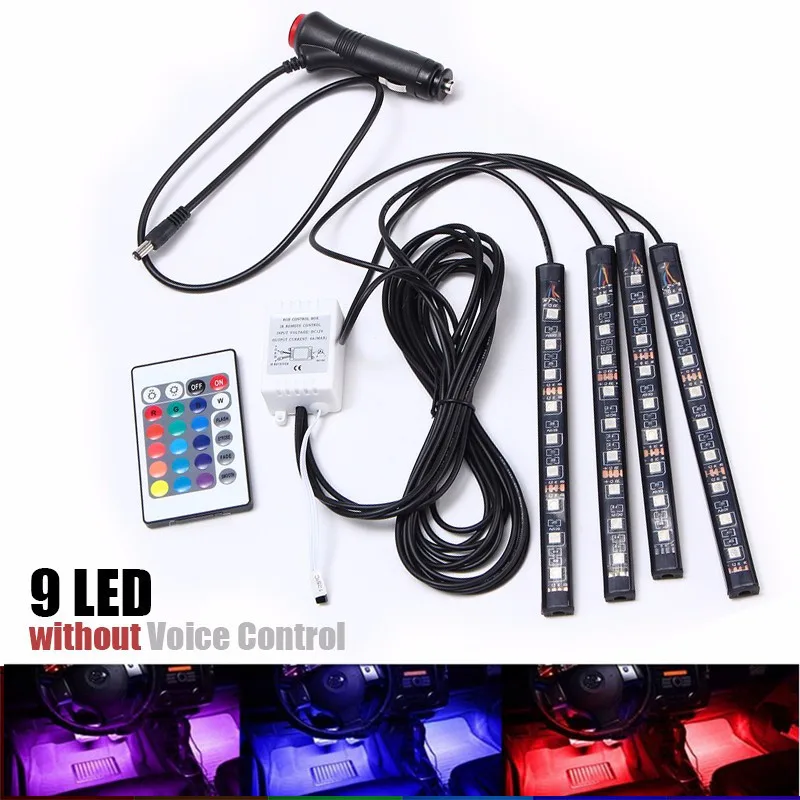 

9 Leds Car RGB LED Strip Light 7 Colors Decorative Atmosphere Lamps Car Interior Light With Remote Car Styling