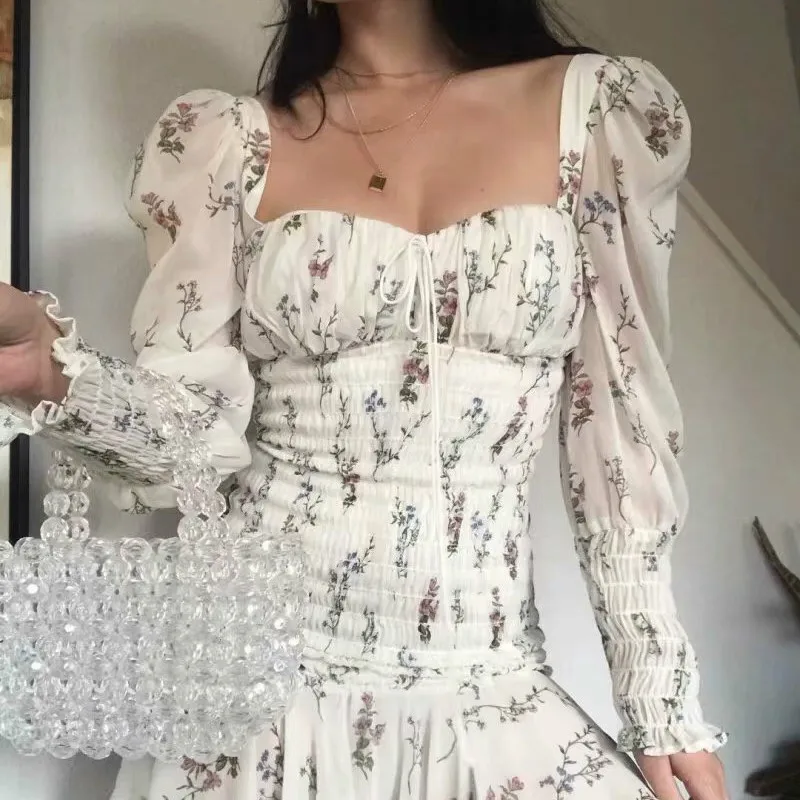 

High Quality 2019 Holiday Vocation Floral Print Puff Sleeve Ruffle Mini Dress