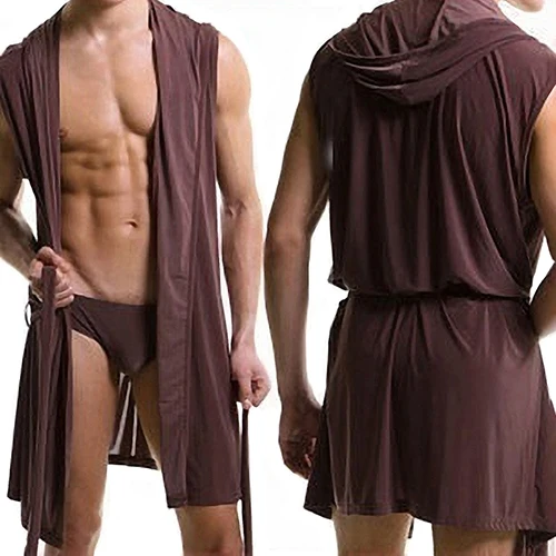 Модный мужской сексуальный летний Халат без рукавов, Халат с капюшоном, Повседневная Пижама