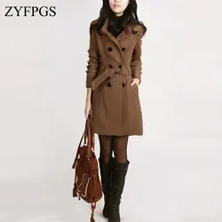 ZYFPGS 2018 зимний топ пальто классический женские пальто хаки модный дизайн Новое поступление теплый шерстяной двубортный Бурелом Z1005