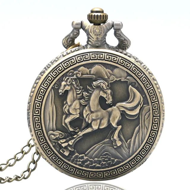 Retro Bronze Double Horses Design Chinese Style Quartz Pocket Watch With Necklac Retro Bronze Double Horses Design Chinese Style Quartz Pocket Watch With Necklac