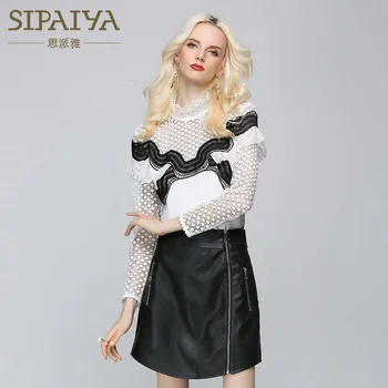 

Famous Brand Shirt Lace Patchwork Hollow Out Transparent Blusas Feminina Korean OL Shirt Stand Collar Ruffles Blouse for Women