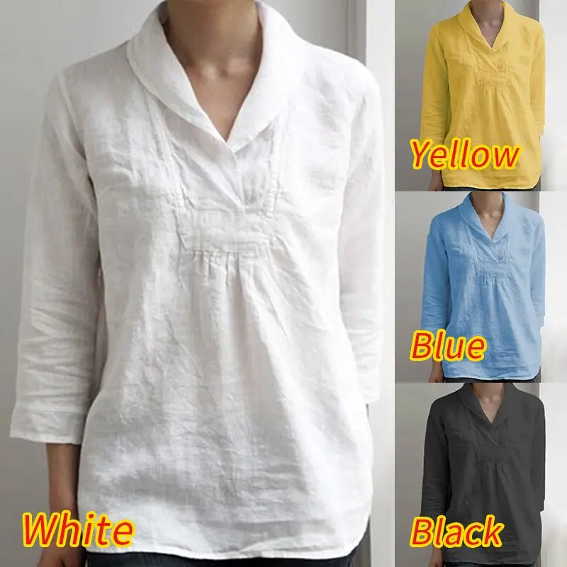 ZANZEA, элегантная женская хлопковая льняная рубашка с отворотом на шее, Летняя туника с рукавом 3/4, топы, повседневные женские блузы с v-образным вырезом размера плюс, блузка 5XL