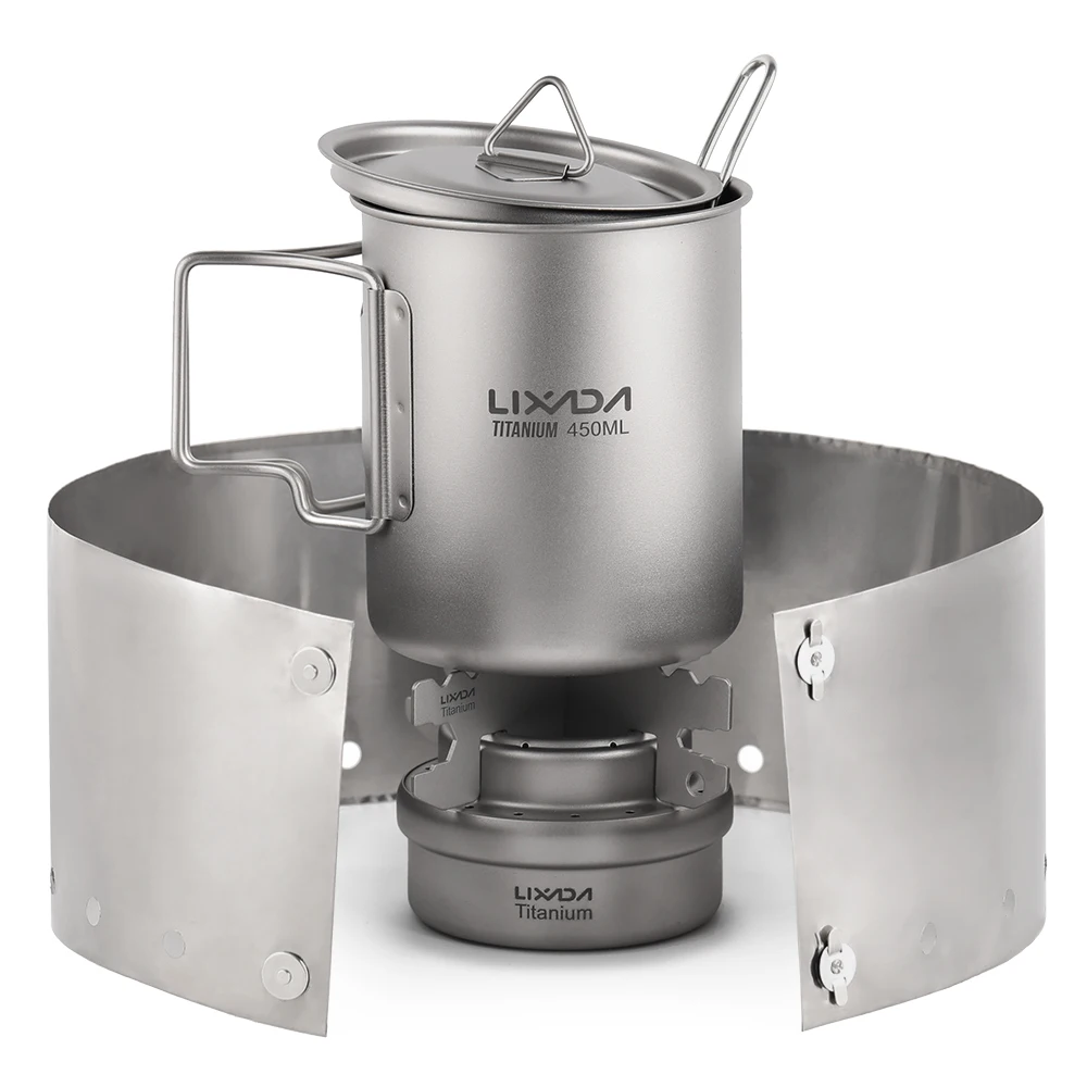 

5pcs Outdoor Camping Cookware Set 750ml Pot Alcohol Stove Cross Stand Rack with Foldable Spork and Windscreen