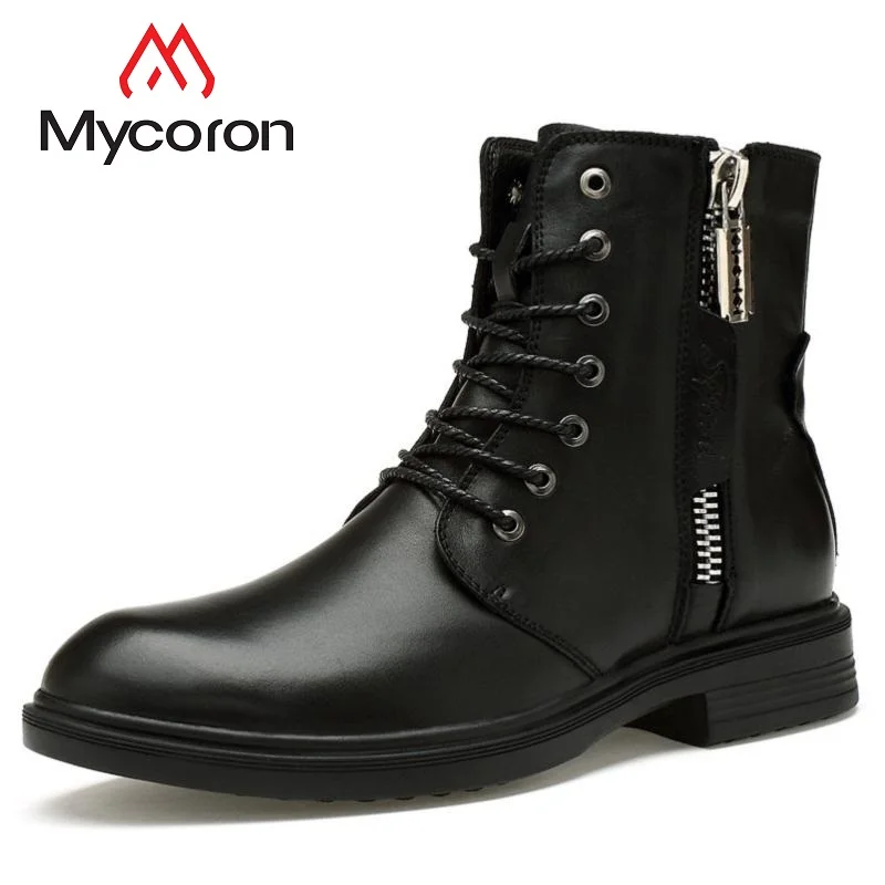 

MYCORON New Brand Men Shoes Luxury Fashion Leather Winter Warm Boots Motorcycle Mens Ankle Boot Men Botas De Neve Homens