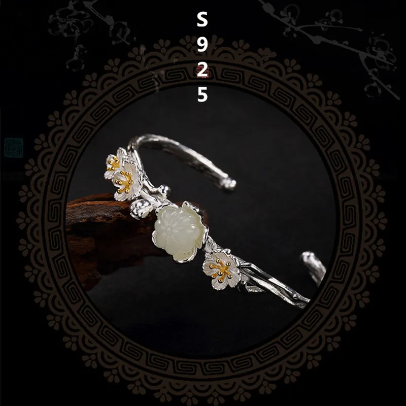 Uglyless S 925 пробы серебряные ювелирные изделия Роскошные нефритовые сливы Цветочные браслеты для женщин Элегантный Bijoux Винтаж ручной работы этнический браслет