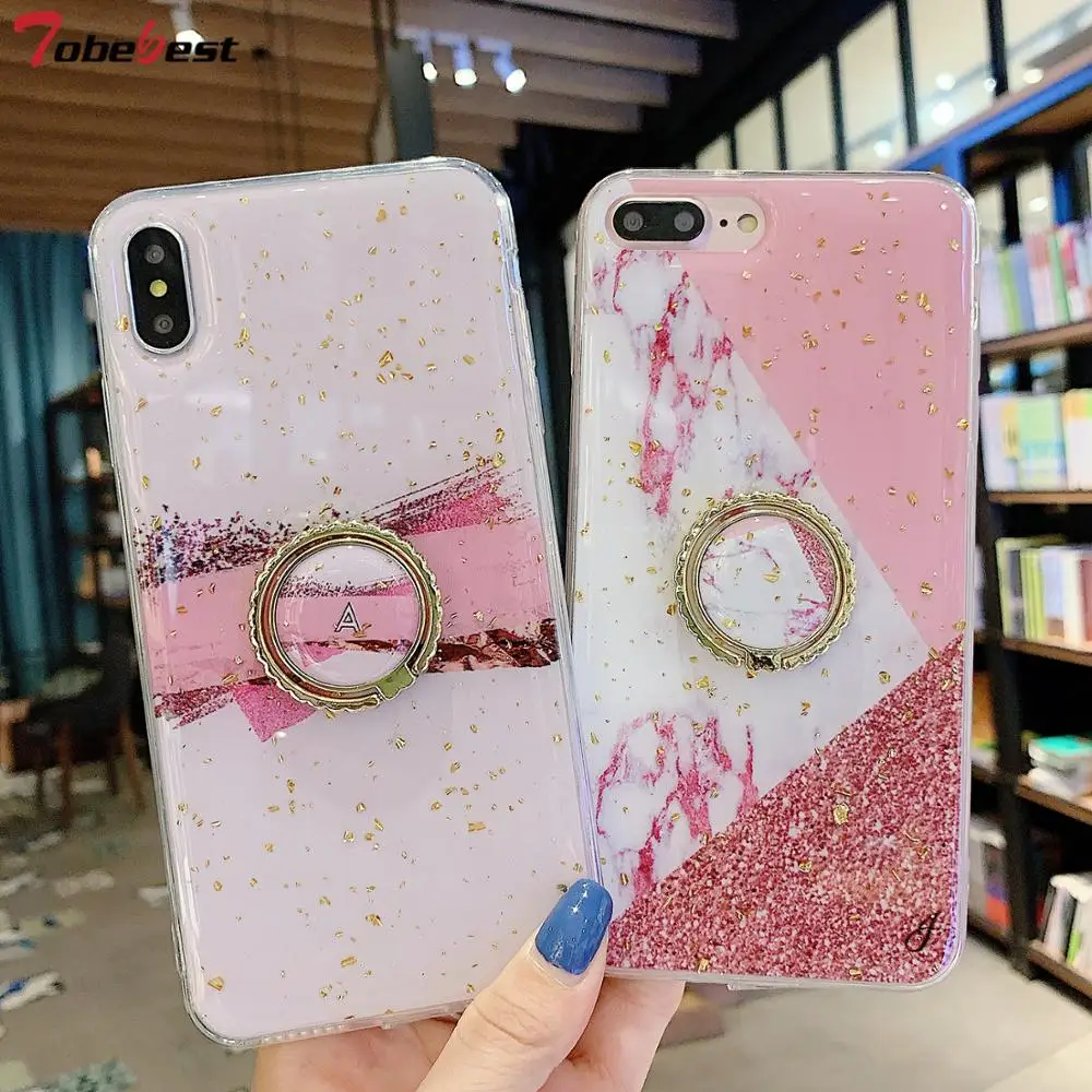 

Marble Gold Foil Glitter Phone Case For iPhone X XS Max XR 8 7 6 6s Plus 8Plus Bling Soft Silicone Case Cover With finger ring
