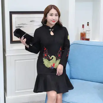 

women's autumn winter one piece mermaid dress lady's plus size embroidery Chinese dress XL~4XL tb092