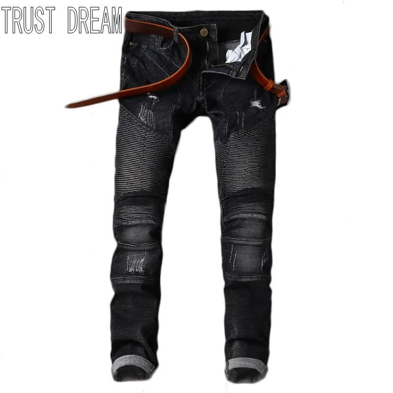 

TRUST DREAM European Style Spring Autumn Men Slim Ripped Washed Black Jeans Fashion Man Punk Biker Jeans