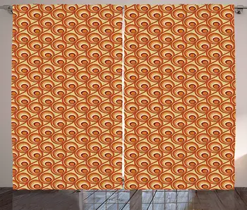 

Burnt Orange Curtains Retro Design Inspirations with Doodle Style Circles and Stripes Swirled Lines Living Room Bedroom Window