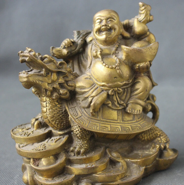 

5886655" Chinese Brass Happy Laugh Maitreya Buddha Dragon tortoise Turtle Statue