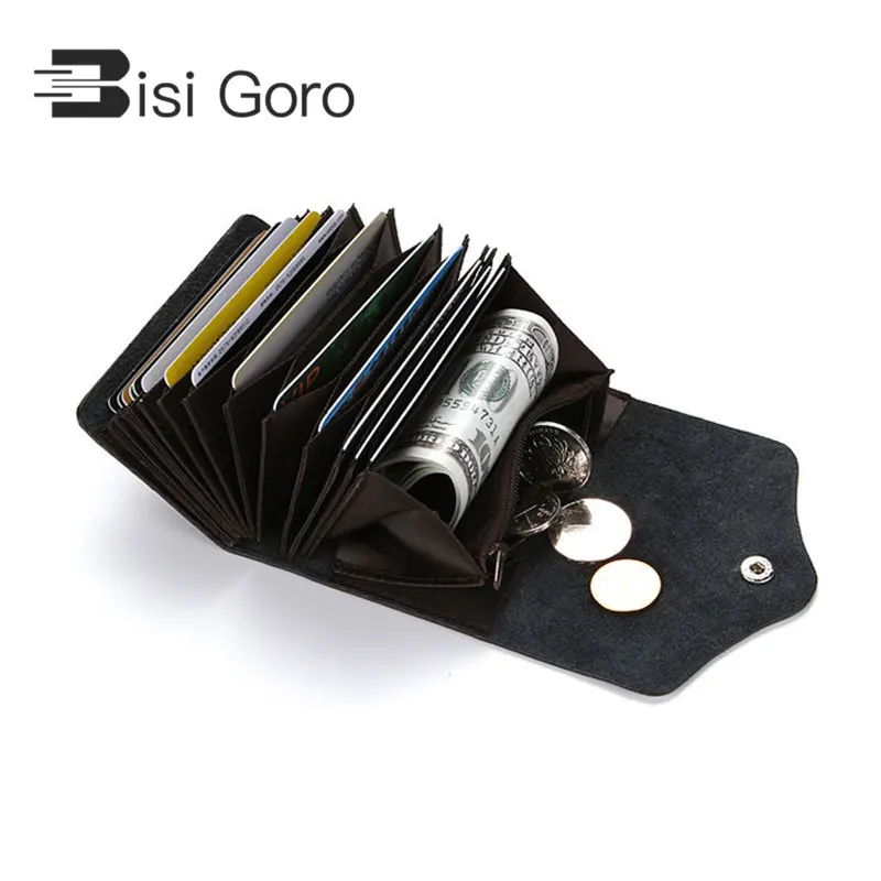 

BISI GORO 14 bit fashion cow leather credit card holder solid men & women hasp protection anti rfid wallet coin porta tarjetas