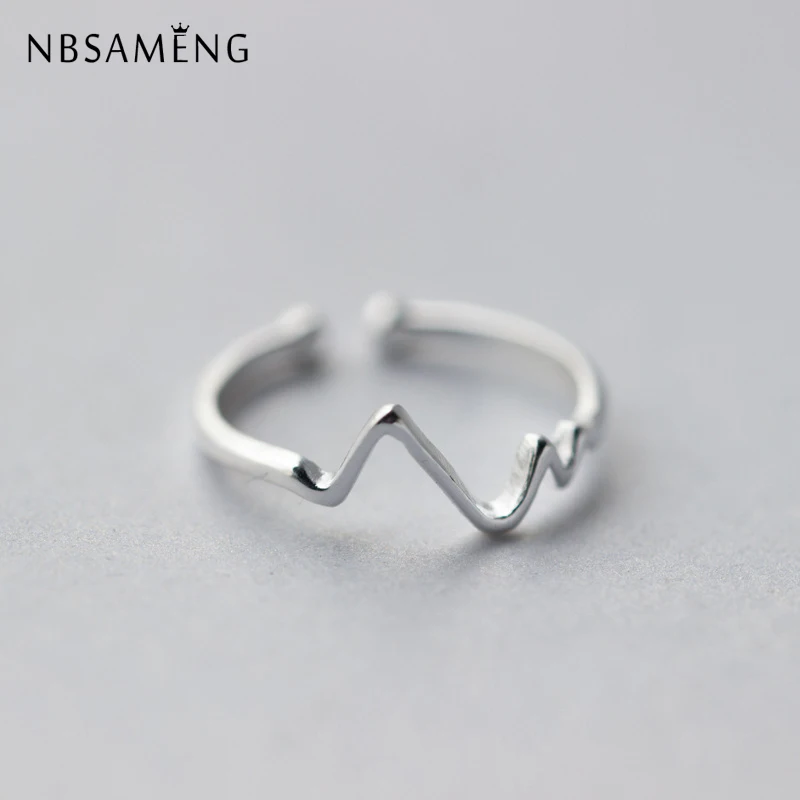 

NBSAMENG 100% 925 Sterling Silvr Heart Beat Electrocardiogram Rings Opening Adjustable Bead For Women Wave Ring Gift Jewelry