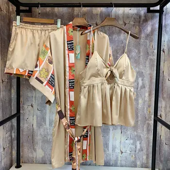 

Pajama Sets Silks Satins Sleepwear Sexy Nightwear Floral Pijama Mujer V-neck Pajamas For Women Ladies Female Lounge Wear Pyjamas