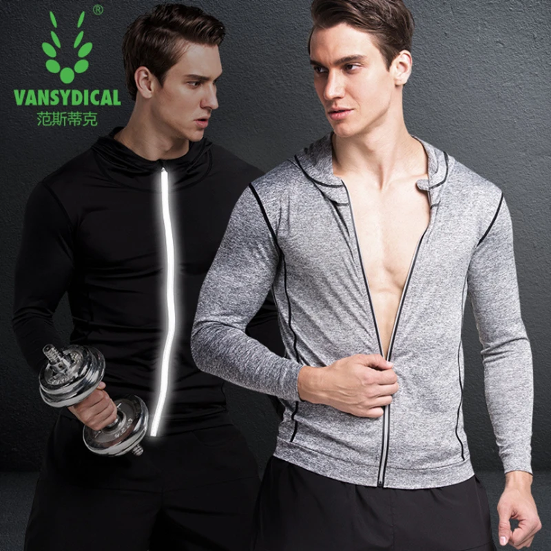 Vansydical Reflective Running Jacket Men's Fitness Long Sleeve Hooded Sportswear Quick Dry Workout Jogging Gym Sports Tops | Спорт и