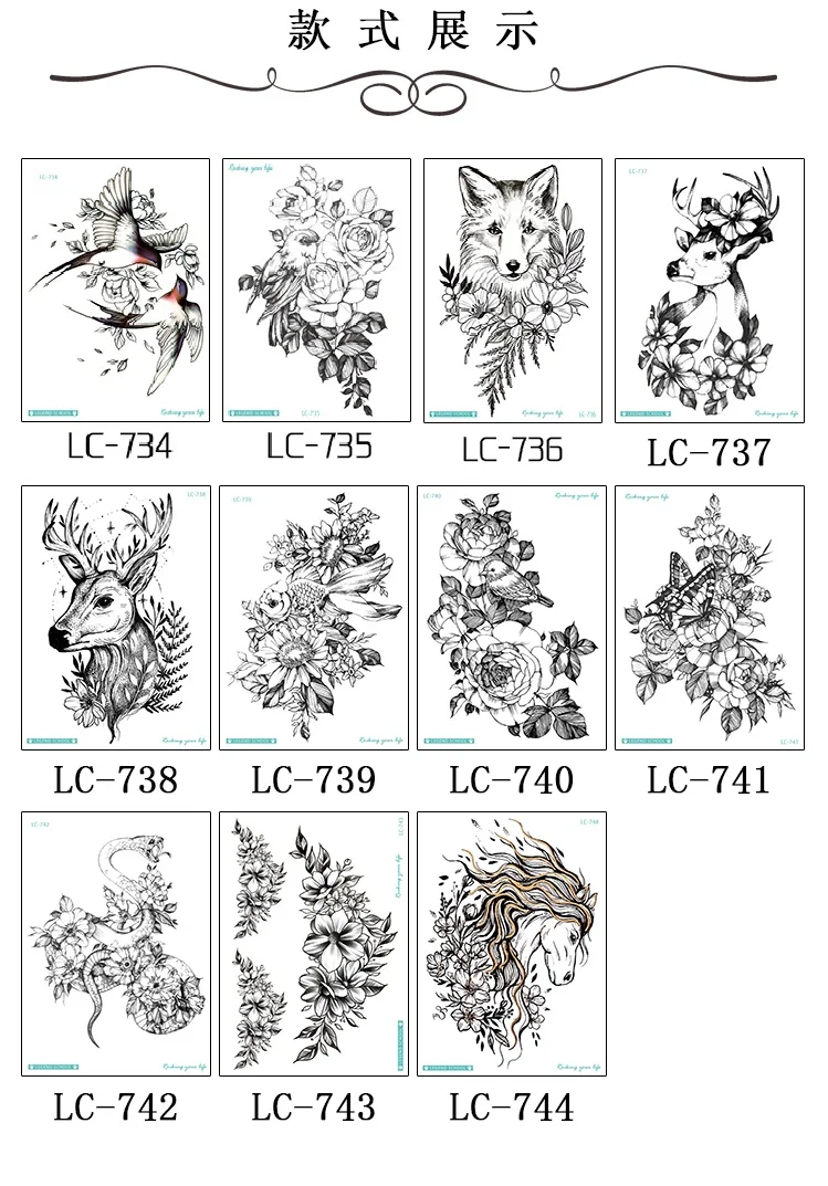 Rocooart черный эскиз татуировки стикер лошадь Тати волк птица змея поддельные татуировки боди-арт Временные татуировки наклейки s цветы Tatuagem