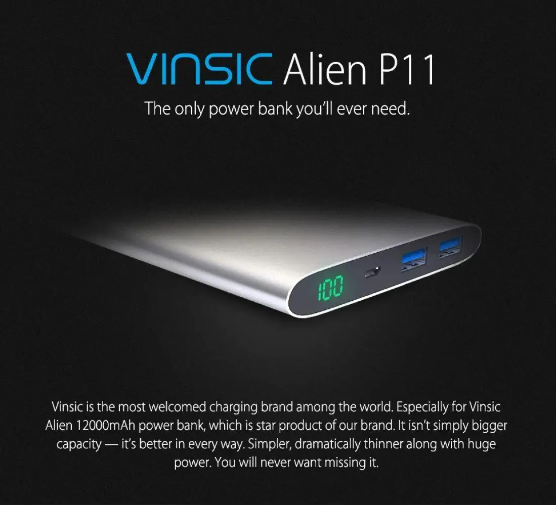 Vinsic Alien P11 ультра тонкий 12000 мАч power Bank 5 в 2.4A двойное внешнее зарядное usb-устройство для аккумулятора для i Phone X 8 8 Plus