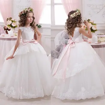 White ivory bloemenmeisjes jurk Children First Communion Dresses for Girls 2017 Ball Gown Belt Pink  Elegant Flower Girl Dress