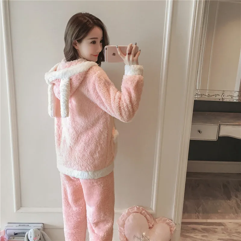 Women Pajamas Winter Autumn Flannel Suits Cartoon Sleeping Clothes Two Piece Zipper Hooded Warm Nightys 2018 Female Pajama JW304 (5)