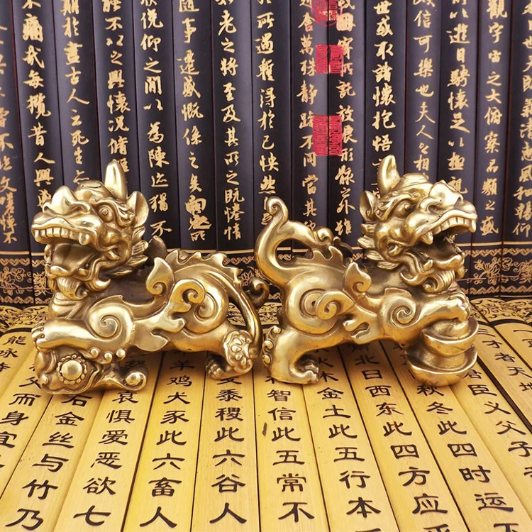 

Old antique Bronze Arts & Crafts Large copper brave jade ruyi ingot pi xiu decoration lucky evil spirits a pair of