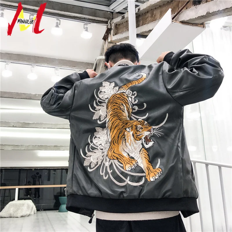 

MANVALUE Male Tiger Embroidered Coats New Type Locomotive Air Force Pilot Suits Autumn and Winter PU Leather Jackets