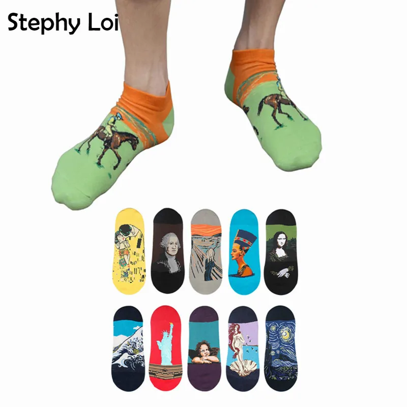 

Color Funny Van Gogh Art Socks Starry Night Oil Paint Cotton No Show Sox Happy Funny Men Summer Socks Men Gifts Designer Funky