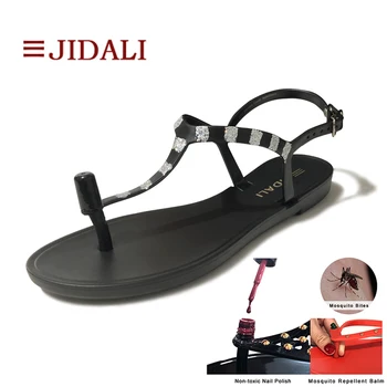 

JIDALI Fashion Shoes Woman Non-toxic Nail Polish Or Mosquito Repellent Balm PVC Bling T-Strap Sandals Summer Size 36-39