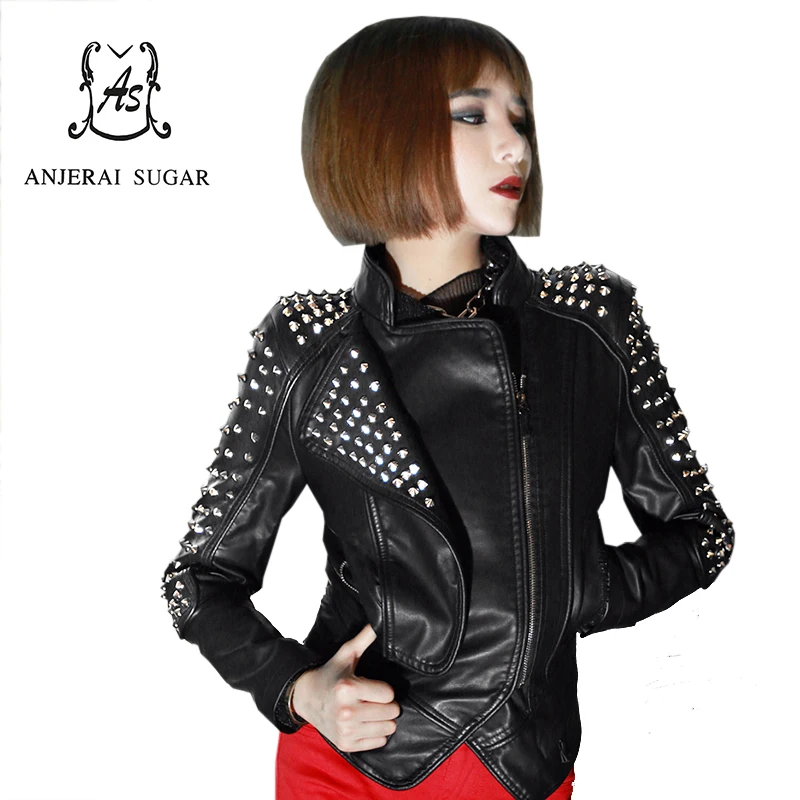 

PU Leather jacket Women coat Black sexy Short Slim Rivet zipper motorcycle Turn-down Collar female short rock PU leather jacket