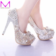 2016 Luxury White High Heels Rhinestone Platform Pumps Wedding Bridal Shoes Unique Design Lavender Dress Shoes for Party