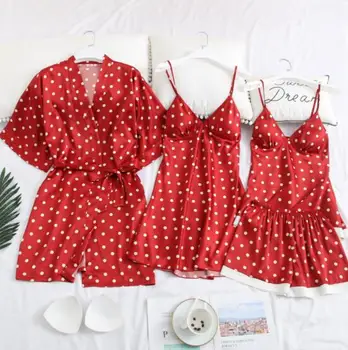 

silk pajamas summer strap shorts with chest pad set nightgown strawberry four-piece set of household clothing