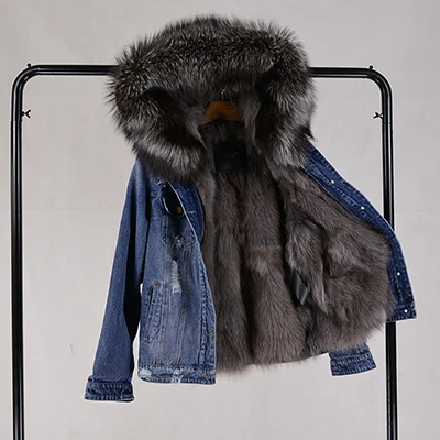 Новое модное Брендовое женское пальто с капюшоном джинсовая куртка для девочек Джинсовая куртка с натуральным лисьим мехом на толстой подкладке с воротником из меха енота - Цвет: dark grey
