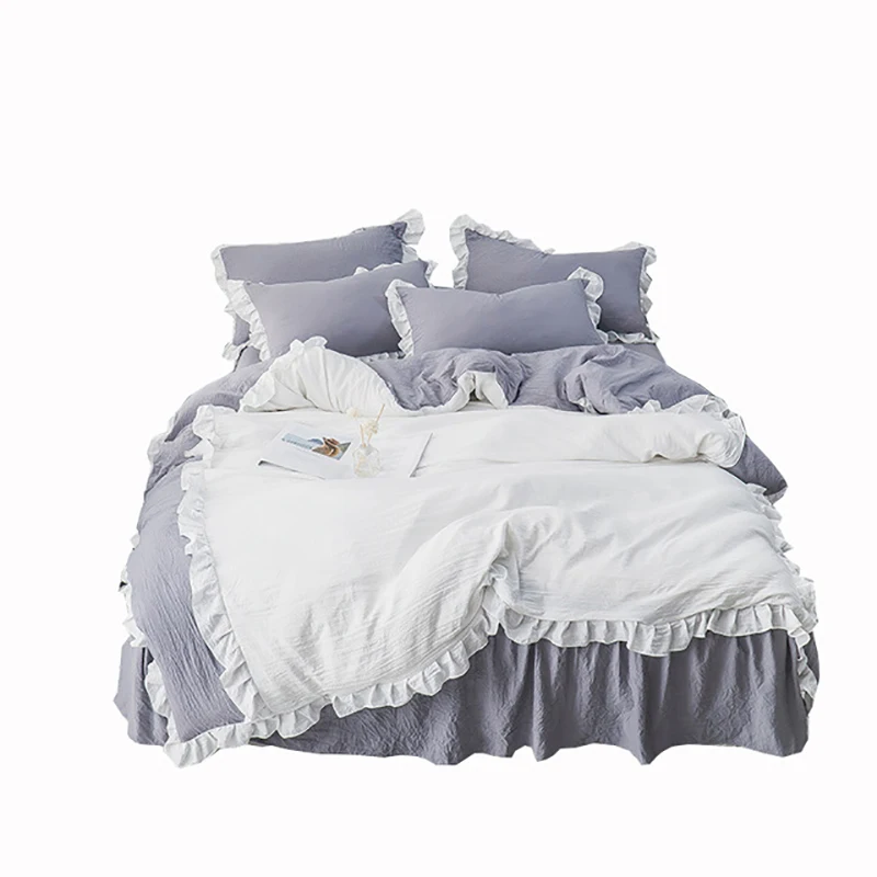 cheap Princess Lace Bedding Set Washed Cotton Queen King Size Bed Skirt Duvet Cover Set with Pillowcases Bed Set Girls Wedding Room