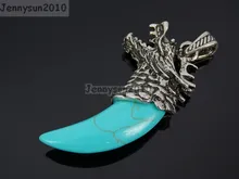 Natural Stabilized Turquoise Gems stones Claw Paw Tibetan Silver Carved Dragon Head Pendant Beads for Jewelry Design 10Pcs/Pack