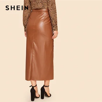 SHEIN Brown Elegant Split Hem Front Double Button Belted Leather Look Long Skirt Office Lady Solid Workwear Maxi Skirts Skirts Children's Girl Clothing