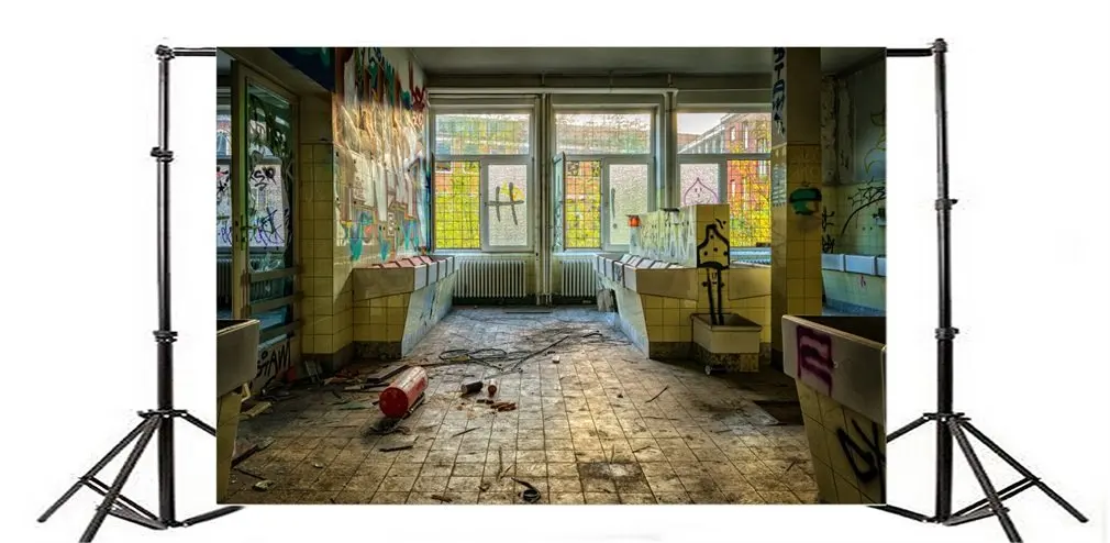 

Photography Backdrop Ruined Room Graffiti Hand Paint Mural Artistic Grunge Brick Floor Vintage Window