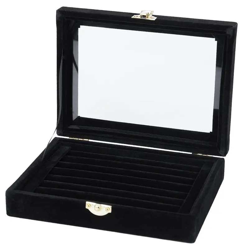  Velvet Glass Ring Earring Jewelry Display Organizer Box Tray Holder Storage Case