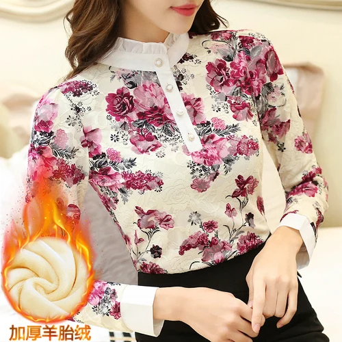  Autumn Winter Women Blouses Lace Stand Casual Long Sleeved Shirts Flower Elegant Slim Velvet Warm T