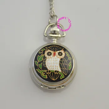 

silver lady girl woman child kid fashion black owl quartz pocket watch antique analog with chain leaf enamel antibrittle