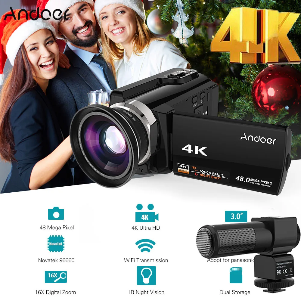 Цифровая видеокамера 4K 1080P wi fi записывающая с широкоугольным микрофоном и