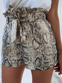 

Summer Womens High Waist Tie Belt Dungaree Shorts Ruffle Bandage Loose Snakeskin Casual Shorts Ladies Fashion Clothing S-XL